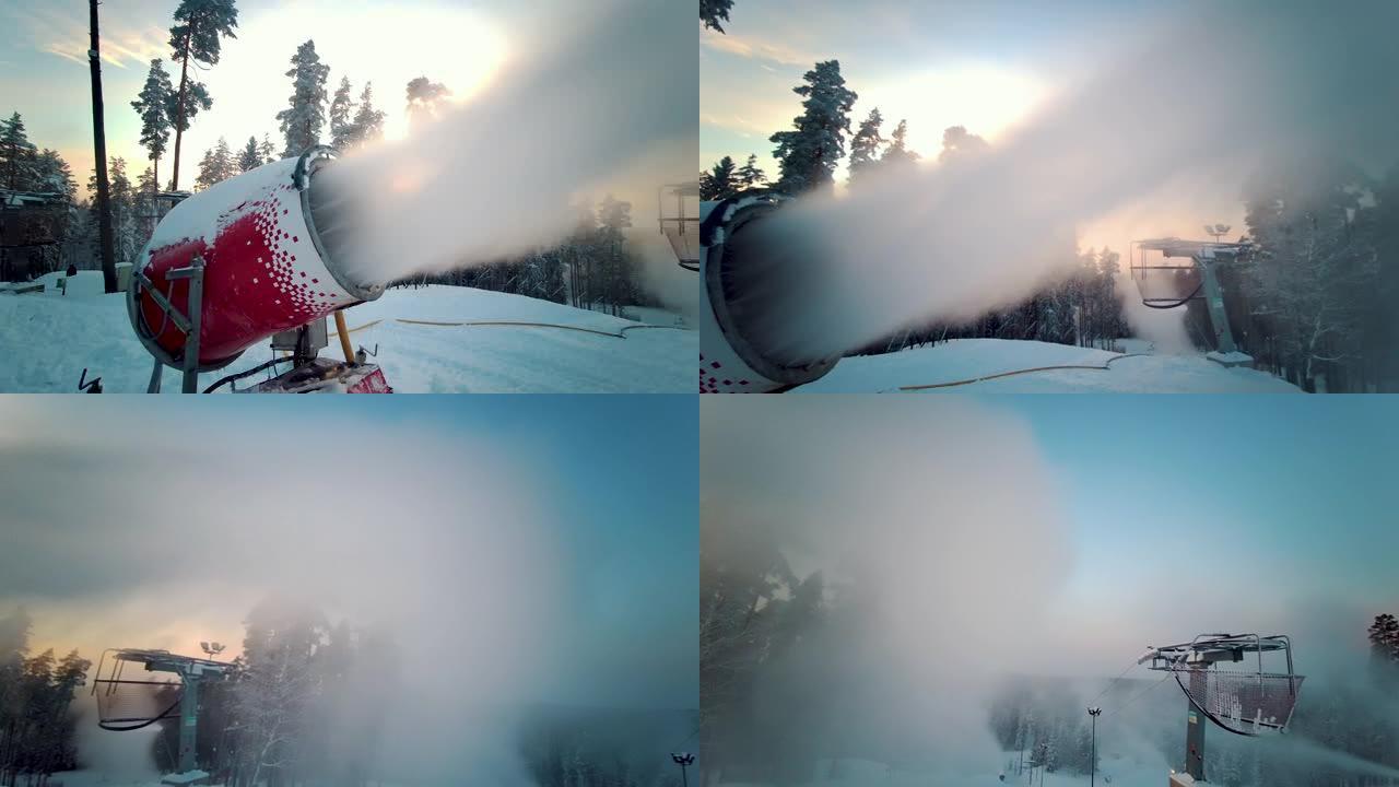 雪枪向滑雪道喷洒人造冰晶，在冬季运动胜地造雪