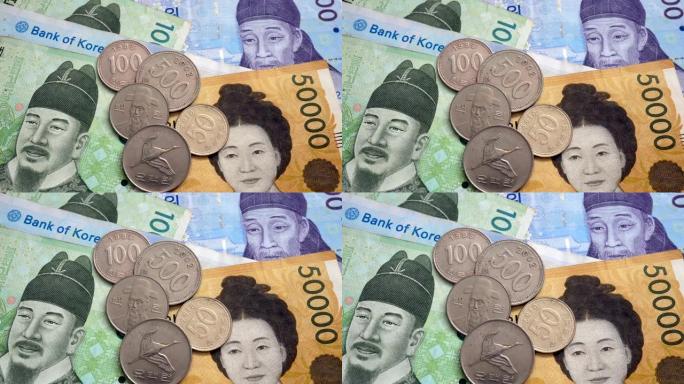 韩国韩元纸币和硬币。
