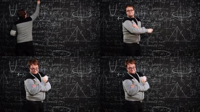 教授在黑板上写满数学公式的方程式，手指微笑着