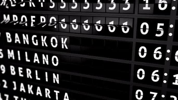 3D生成动画4K，带有航班信息的模拟机场广告牌，布拉柴维尔到达城市