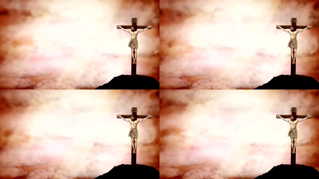 十字架上的耶稣基督被钉十字架红色戏剧动画与复制空间
