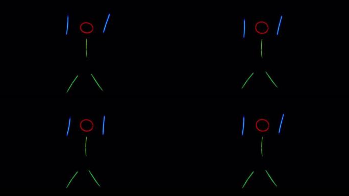 多色霓虹灯人举起双手，在黑暗中颤抖。霓虹灯棒套装