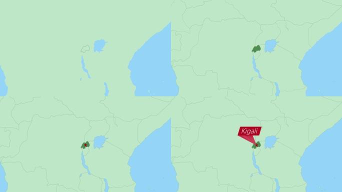 卢旺达地图与国家首都的pin。