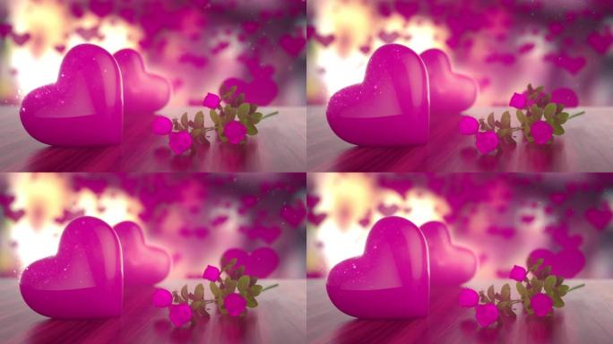 特写镜头大浪漫的心和玫瑰动画和颗粒在情人节闪亮的背景。(可循环)