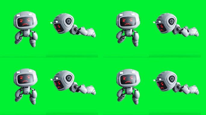 愤怒的白色玩具机器人动画。物理运动模糊。逼真的绿屏4k动画。绿屏