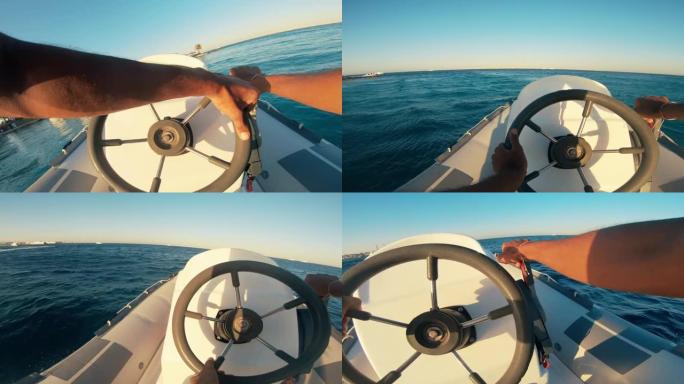 船长在埃及蓝海洪加达的快速摩托艇方向盘上的手