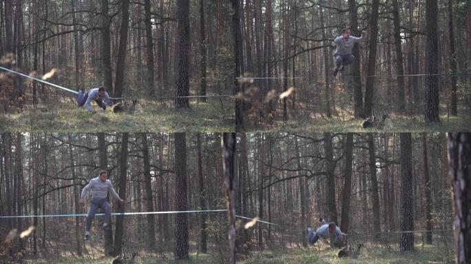 男子在森林中以慢动作在松懈线上跳跃和表演