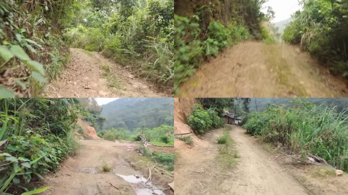 进入山村路野草山坡泥路泥泞道路山道小道