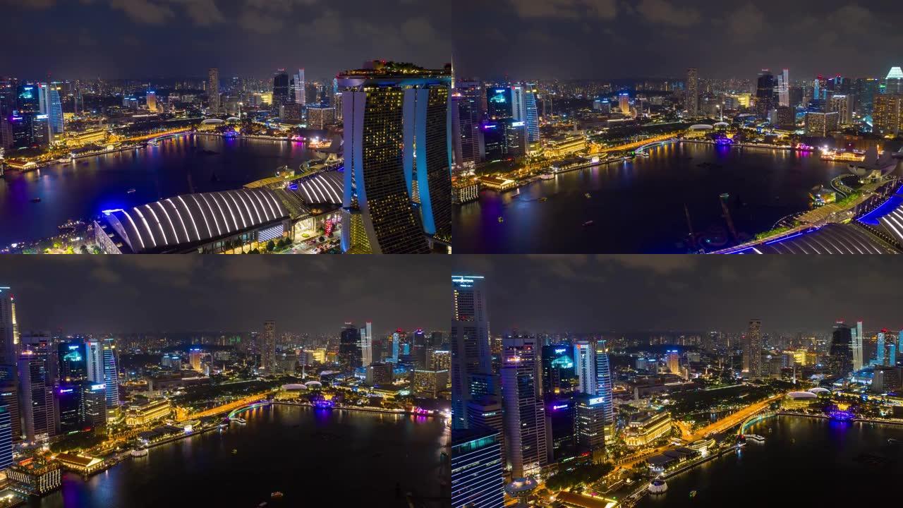 夜间照明新加坡城市飞行著名酒店海湾空中全景4k延时