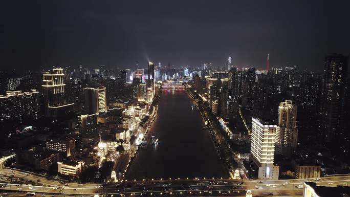 广州珠江航道夜景航拍