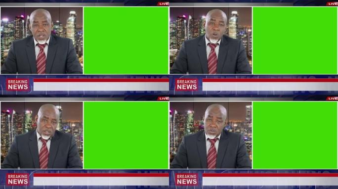 4k视频: 广播演播室中的非洲裔高级男性新闻主持人，绿屏显示，用于模型使用