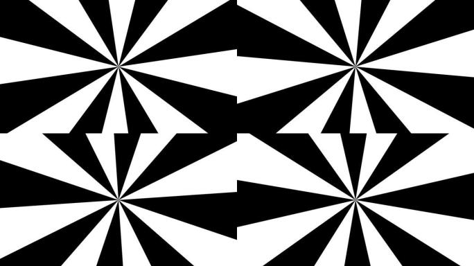 白色背景上旋转的黑色射线几何图案。旋转黑条-催眠有效视频