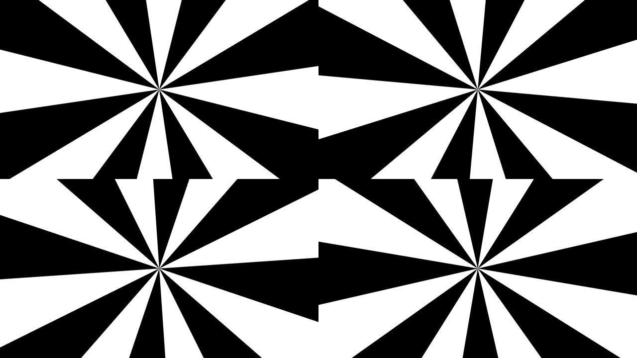 白色背景上旋转的黑色射线几何图案。旋转黑条-催眠有效视频