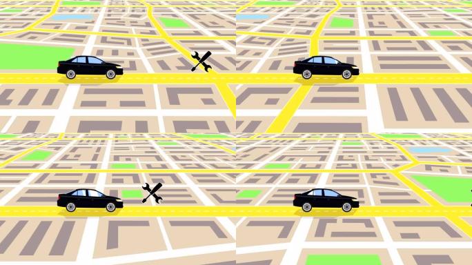 卡通黑色汽车穿越城市地图与汽车维修店标志概念动画