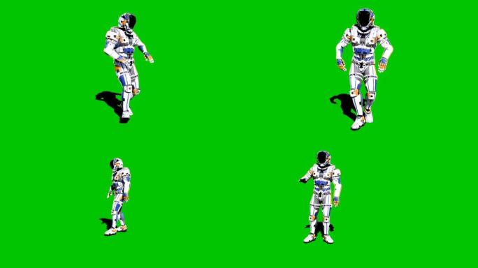 宇航员-未来的士兵，在绿屏前跳舞。逼真的动画。