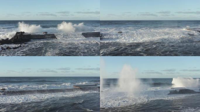 强大的风暴海浪冲向海岸