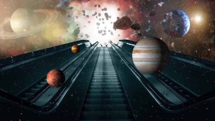 通往宇宙的楼梯。楼梯前太阳系的所有行星。幻想和超现实主义艺术动画。土星，天王星，木星，火星，金星和世
