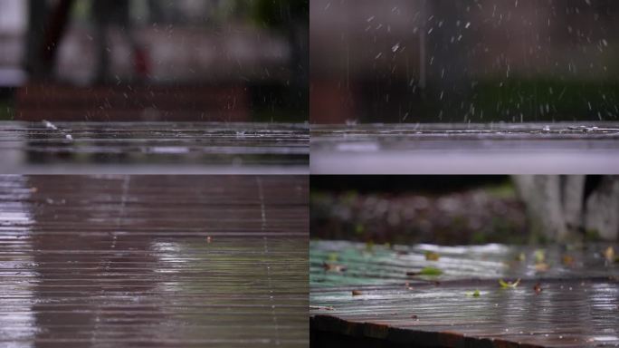 4K雨水落在木板上溅起的水花升格空镜