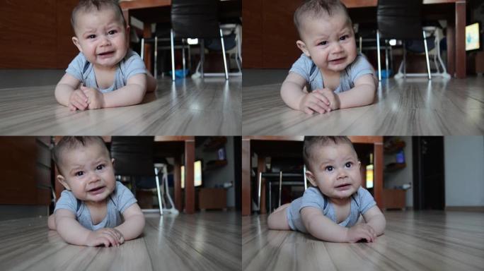 跟踪镜头，可爱的六个月大的男婴厌倦了肚子蒂米开始哭。