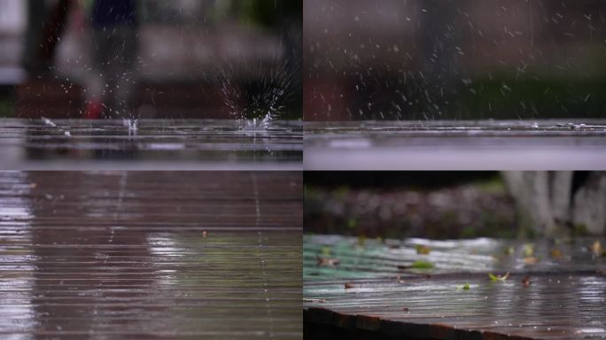 4K雨水落在木板上溅起的水花升格空镜