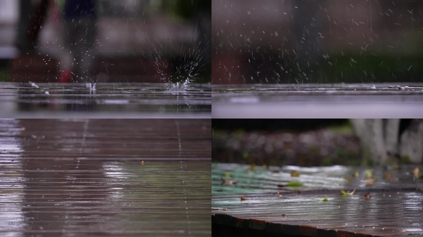 4K雨水落在木板上溅起的水花升格空镜