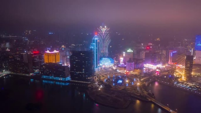 夜间照明澳门城市著名酒店交通湾空中全景4k延时中国