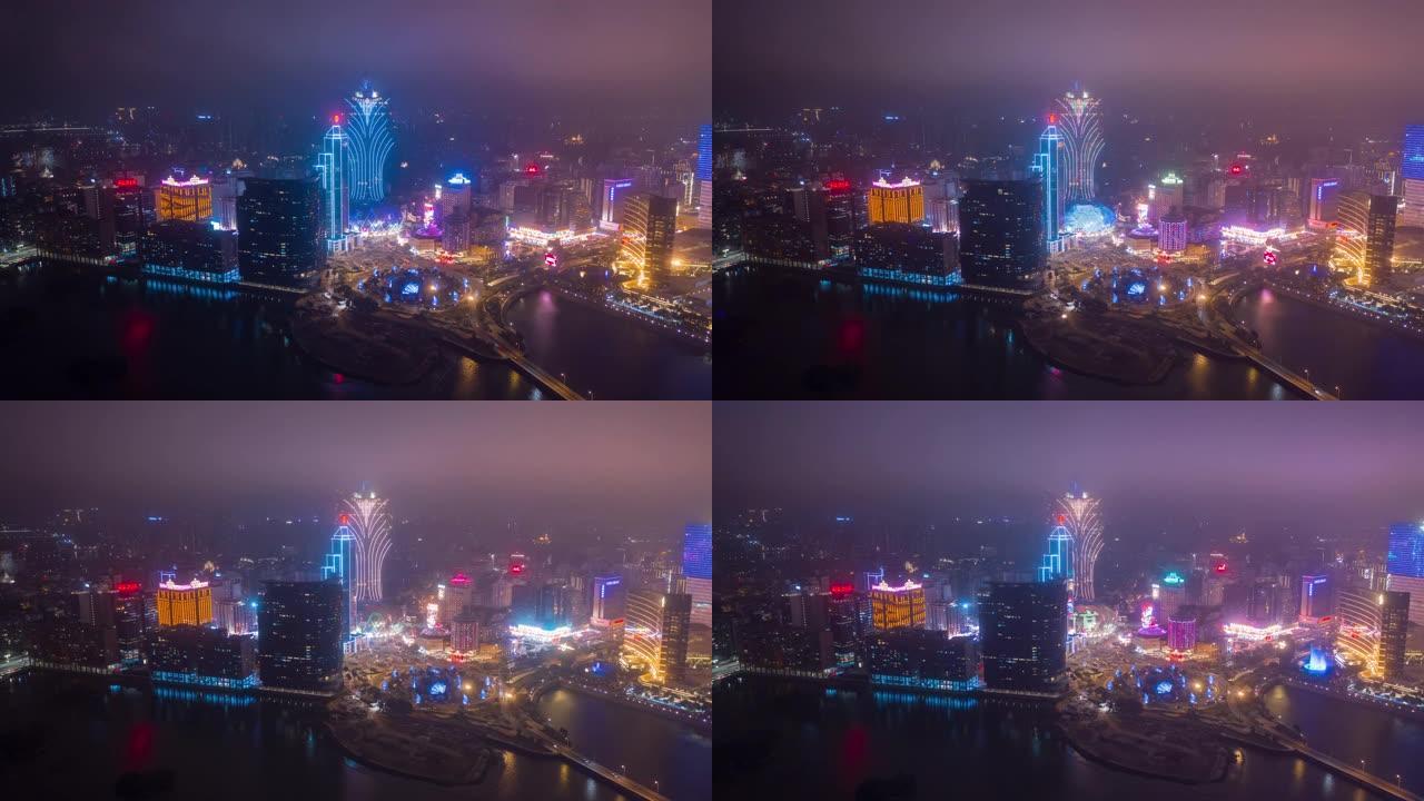 夜间照明澳门城市著名酒店交通湾空中全景4k延时中国