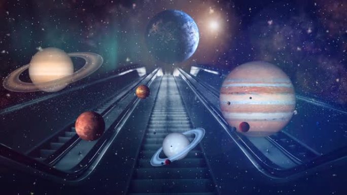 通往宇宙的楼梯。楼梯前太阳系的所有行星。幻想和超现实主义艺术动画。土星，天王星，木星，火星，金星和世