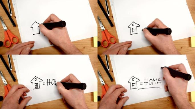 从上方看，室内建筑师的手在纸上画了一所房子并写下了家，这是家庭，家庭和新房租赁等主题的理想镜头