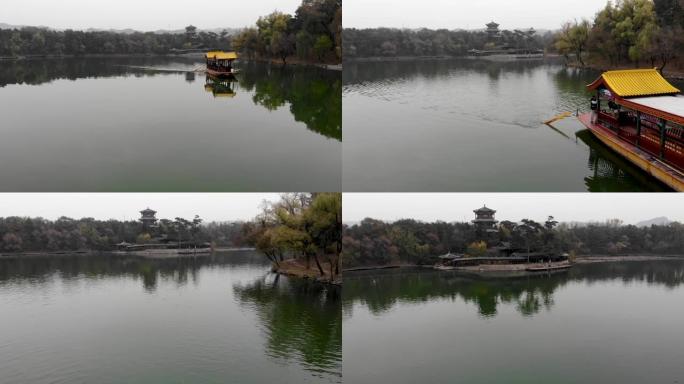 鸟瞰避暑山庄颐和园内湖面上的中国古船