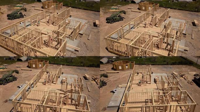 木匠构筑房屋的无人机视图