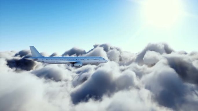 空中巴士在云中飞行。飞机。逼真的4k动画。