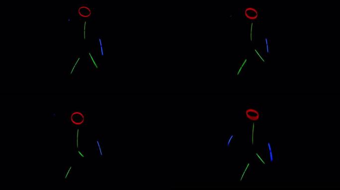 多色霓虹灯人在黑暗中行走。霓虹灯棒套装