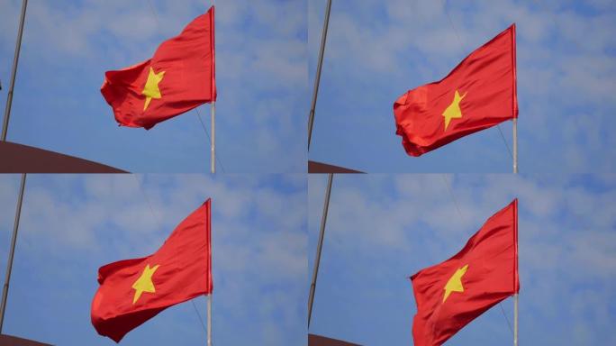 船上飘扬的越南国旗。红旗配黄星，蓝天配白云。4 k