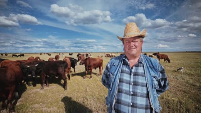 田野里有羊群的牧羊人。戴着牛仔帽和牛仔布的牧场主。农业。