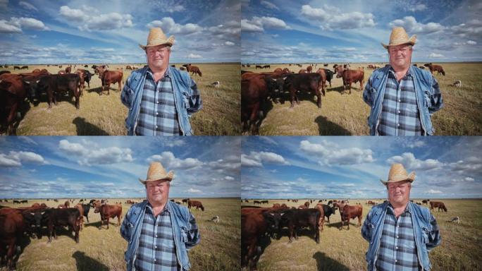 田野里有羊群的牧羊人。戴着牛仔帽和牛仔布的牧场主。农业。