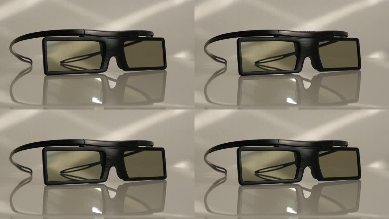 白色反射背景下的现代有源3D高清电视眼镜慢倾斜4K