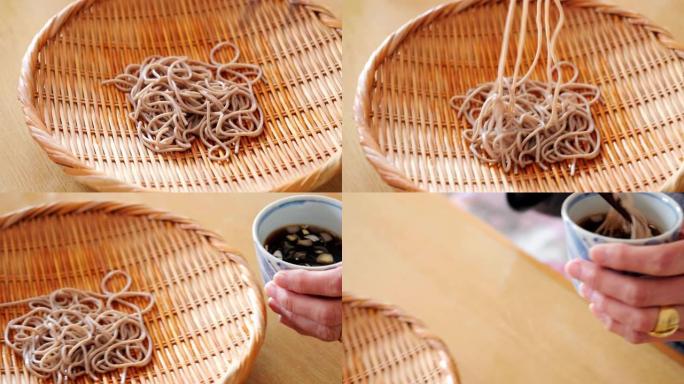 吃传统日本荞麦面的女人