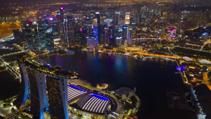 夜间照明新加坡城市飞行著名酒店海湾空中全景4k延时