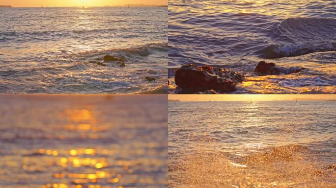 唯美金色海上日出日落海浪拍打海岸慢镜头