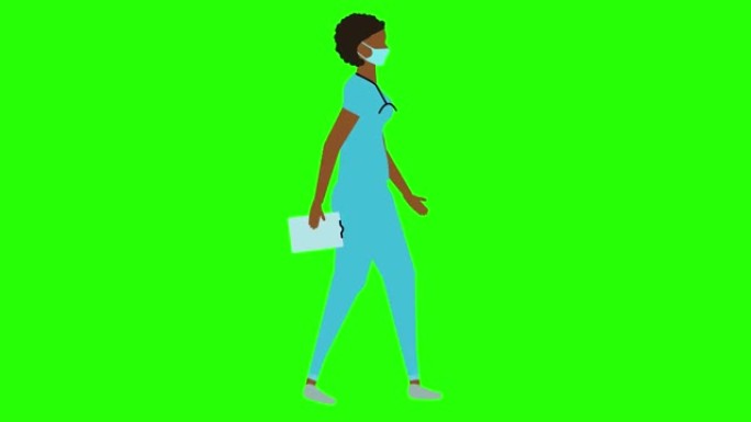 女医生行走循环无缝循环，面罩版，绿屏色键动画，平面设计