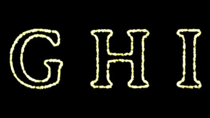 英文字母 “G H I” 的字母出现在中间，一段时间后消失。抽象孤立的字母形式的模糊假日彩色灯光。