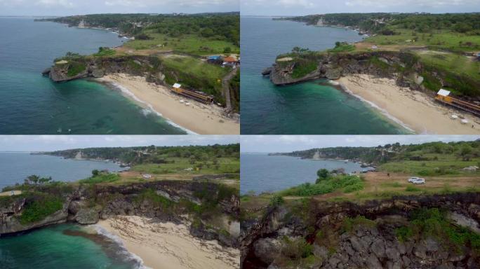 印度尼西亚巴厘岛悬崖上婚礼照片的航拍镜头