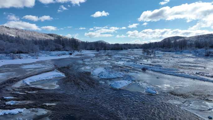 航拍大兴安岭早春冰雪河流