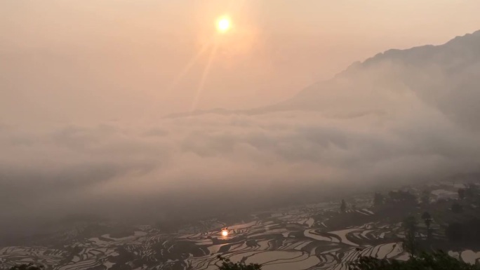 梯田上仙气飘飘的云海日出延时摄影