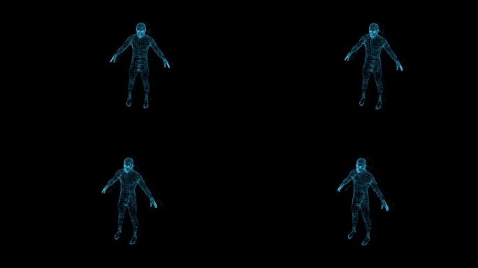 抽象的人类形态。黑色背景上男性半机械人的3D动画