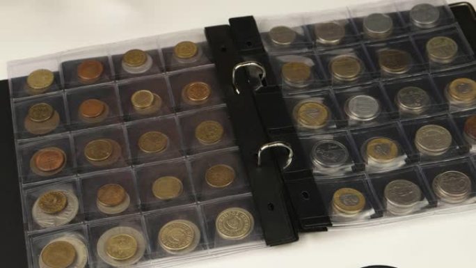 硬币收藏家浏览了来自不同国家的硬币