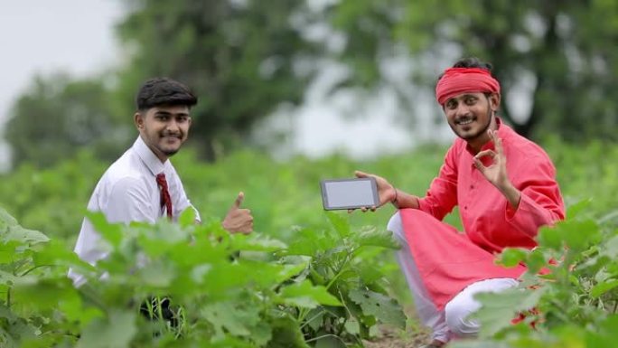 年轻的印度农艺师和农民在野外使用智能手机