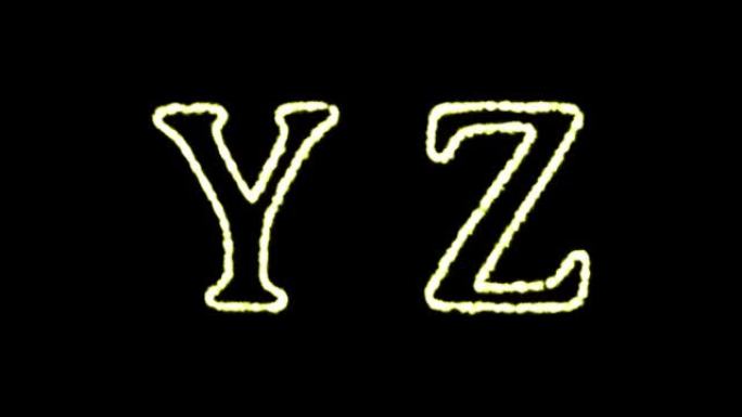 英文字母 “Y Z” 的字母出现在中间，一段时间后消失。抽象孤立的字母形式的模糊假日彩色灯光。