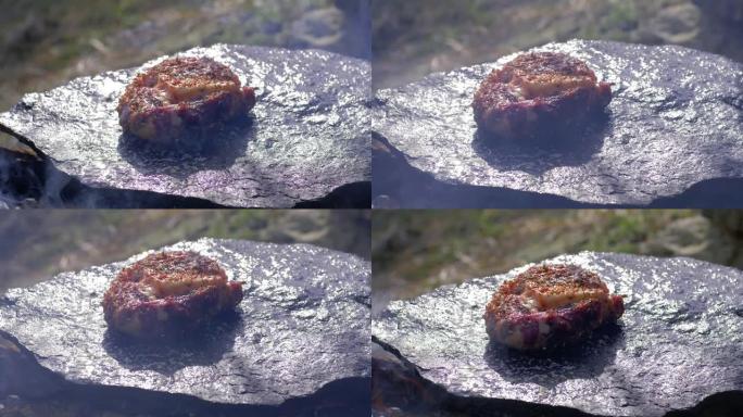 垃圾食品，多汁的肥肥猪肉菲力在篝火上的热石头上油炸，在大自然的营地冒烟